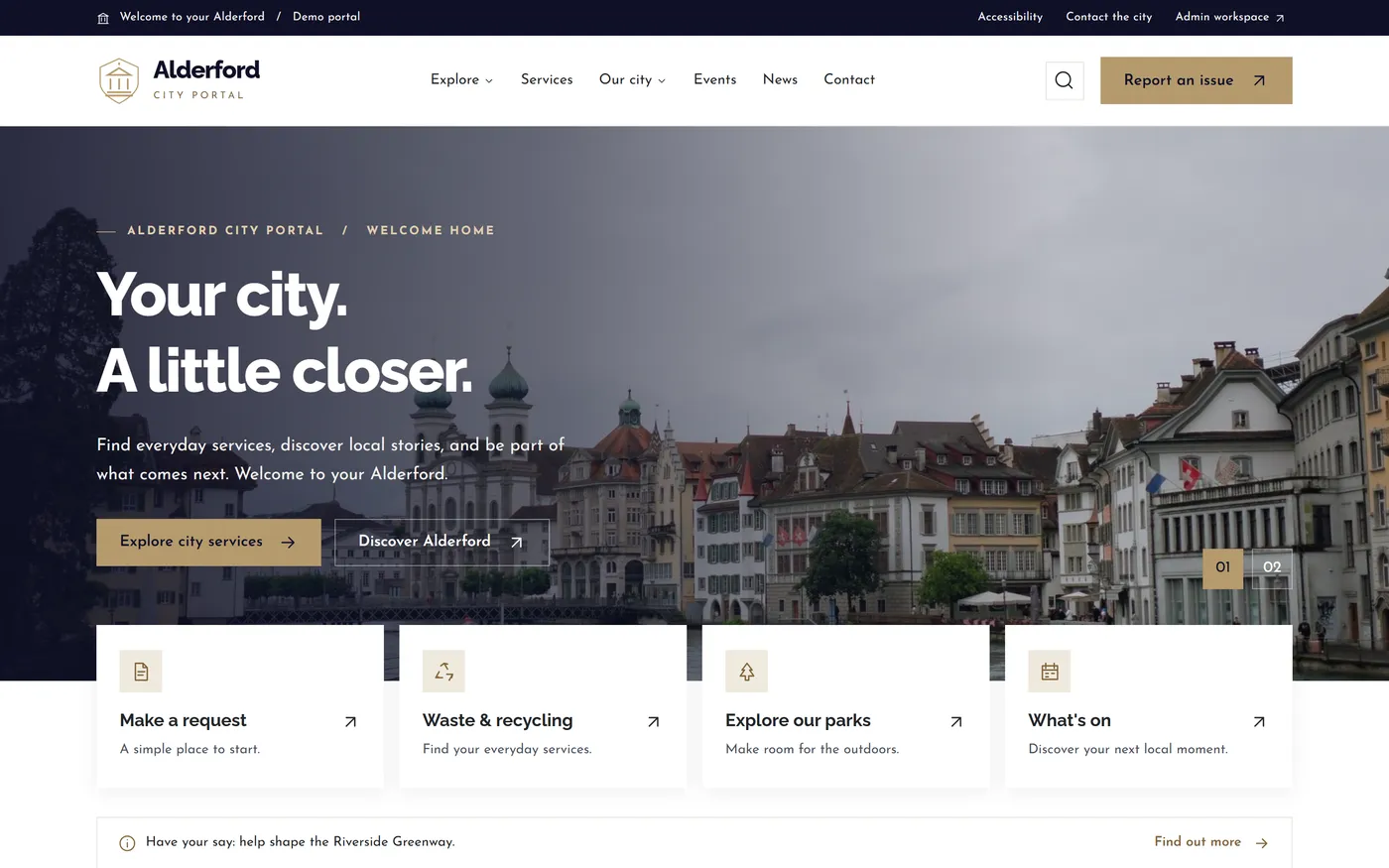 Alderford homepage with a photo hero and quick service links